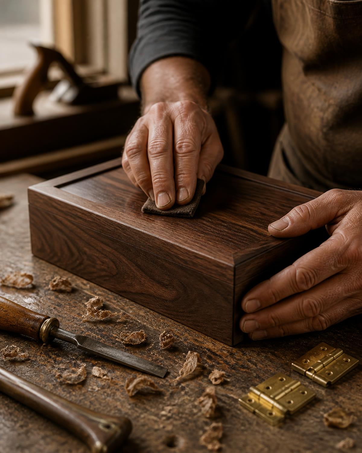 An artisan sanding the lid of a hardwood ZAWADI presentation box in a Zanzibar workshop