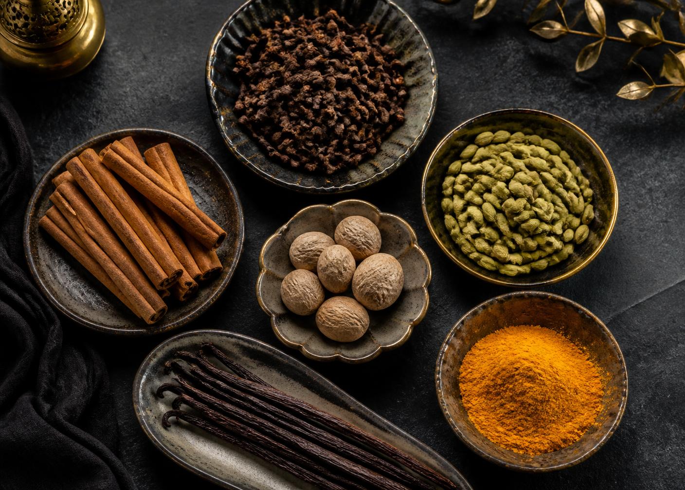 Zanzibar cloves, cinnamon, cardamom, nutmeg, vanilla and turmeric in ceramic dishes